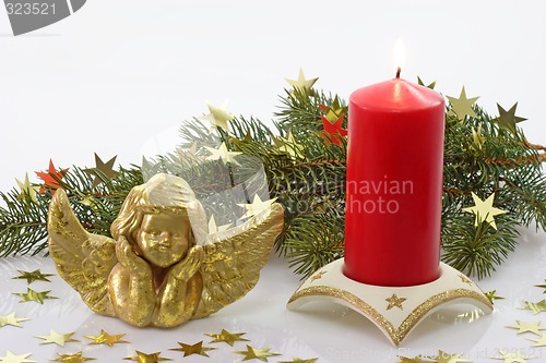 Image of Golden Angel with Red Candle and Fir Branch