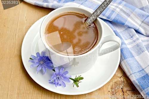 Image of Chicory drink in white cup with spoon on board