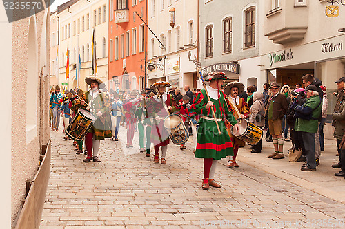 Image of Traunstein/Germany / Bavaria - 06th of April: Historical fanfare train with the move in the Georgi's ride in Traunstein