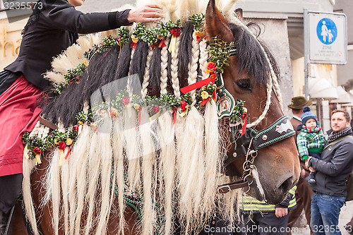Image of Traunstein/Deutschland/Bavaria - 06th of April: decorated horse by the Georgi's ride in Traunstein