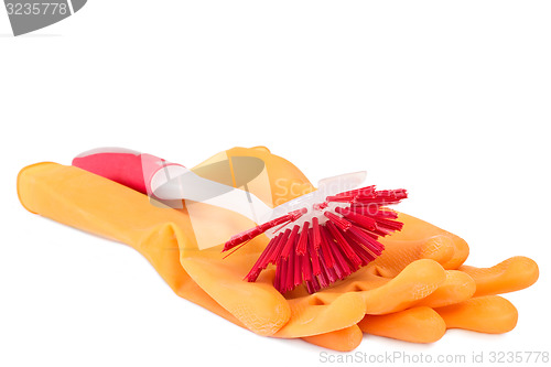 Image of Red dish washing brush with rubber gloves