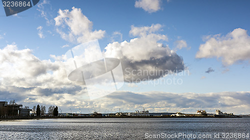 Image of Skyline of cloudy sky in city port