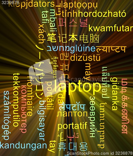 Image of Laptop multilanguage wordcloud background concept glowing