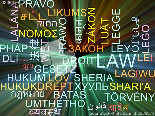Image of Law multilanguage wordcloud background concept glowing