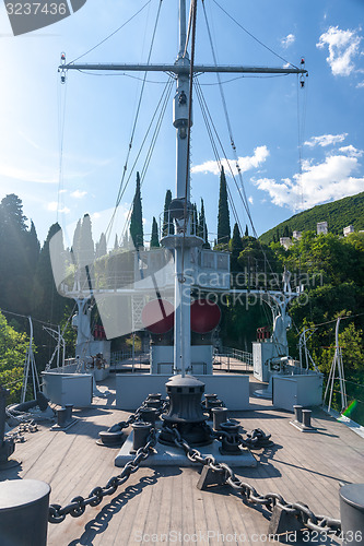 Image of Gardone Riviera, lake Garda, Italy - May 05, 2014  ship and museum in garden Villa Vittoriale  Home of Gabriele d\'Annunzio
