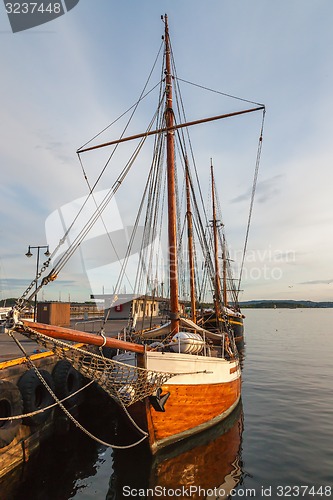 Image of Old time ship or boat at harbour. Norway