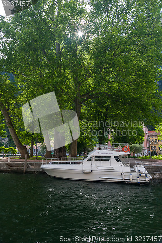 Image of yacht in harbor, Lake Garda