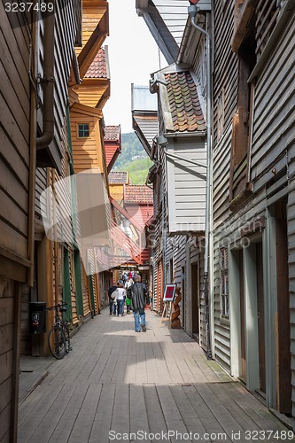 Image of The famous Bryggen in Bergen, Norway. Colorful wooden houses. 