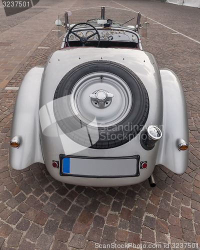 Image of SIRMIONE, Province of Brescia,  ITALY  MAY 08 unidentified crew on an old car BMW 328 1938 runs in italian historical rally Mille Miglia 2014