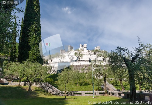 Image of Gardone Riviera, lake Garda, Italy - May 05, 2014 : fortress in garden in Villa Vittoriale  Home of Gabriele d\'Annunzio