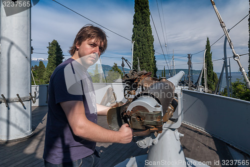 Image of Gardone Riviera, lake Garda, Italy - May 05, 2014  ship and museum in garden  Villa Vittoriale Home of Gabriele d\'Annunzio