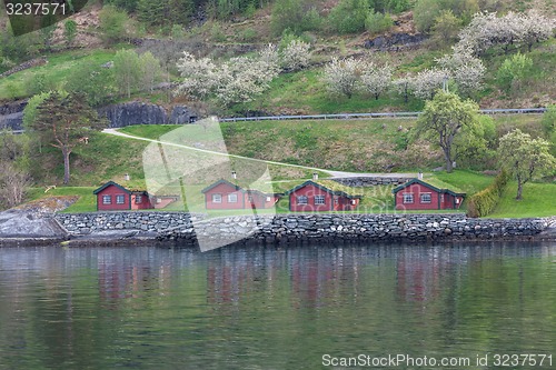 Image of Landscape with mountains.  village in Norwegian fjords