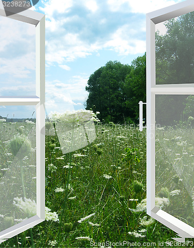 Image of opened window to the summer field