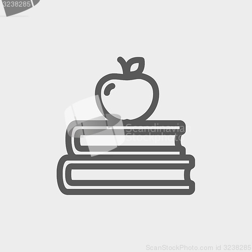 Image of Three books with apple on the top thin line icon