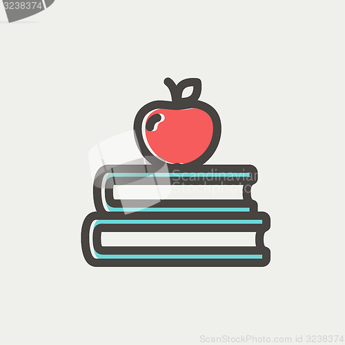 Image of Three books with apple on the top thin line icon