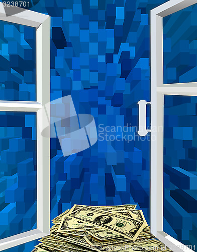 Image of opened window to the blue abstraction and dollars