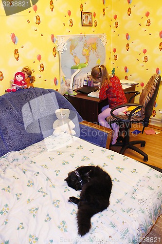 Image of black cat sleeping on the bed in children's room