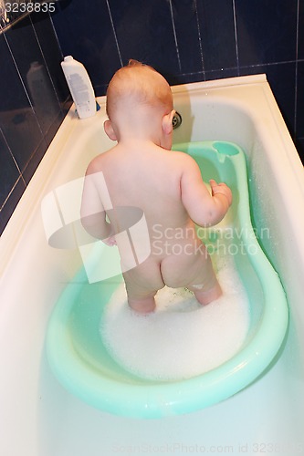 Image of little baby takes a bath