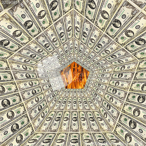 Image of dollar pattern with flame on the background