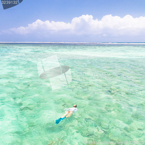 Image of woman snorkeling in turquoise blue sea.