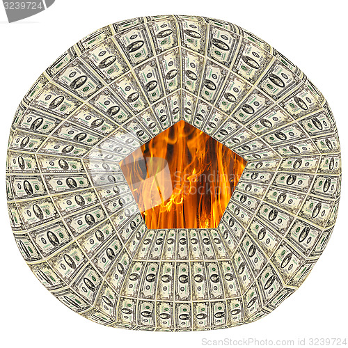 Image of round dollar pattern with flame within