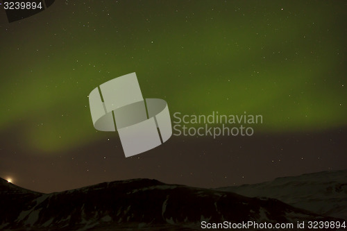 Image of Northern lights with snowy mountains in the foreground