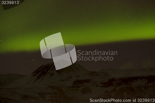 Image of Northern lights with snowy mountains in the foreground