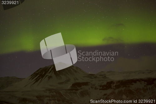 Image of Northern lights with snowy mountains in the foreground