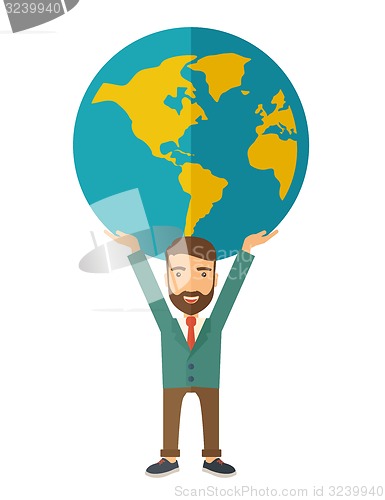 Image of Businessman carrying big globe.