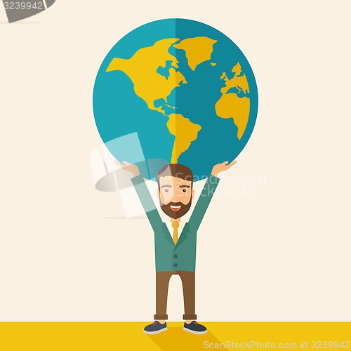 Image of Businessman carrying big globe.