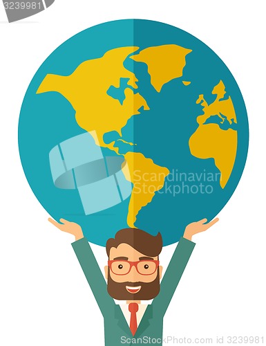 Image of Businessman carrying big globe.