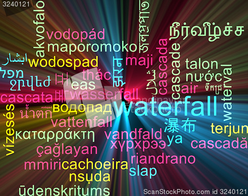 Image of Waterfall multilanguage wordcloud background concept glowing