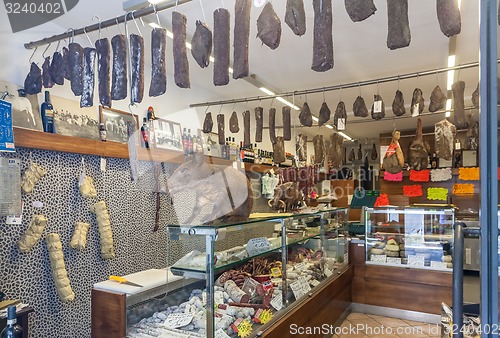 Image of Pitigliano, Tuscany, Italy - May 06, 2014: italian traditional specialties in shop. 
