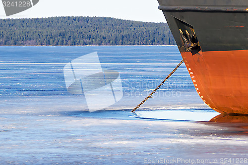 Image of Ship docked on lake in early spring