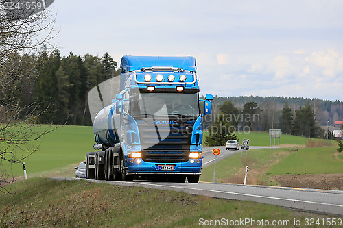 Image of Blue Scania R500 Tank Truck on the Road at Spring