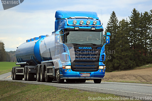 Image of Blue Scania R500 Tank Truck on the Road at Spring