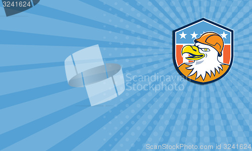 Image of Business card Bald Eagle Construction Worker Head Flag Cartoon