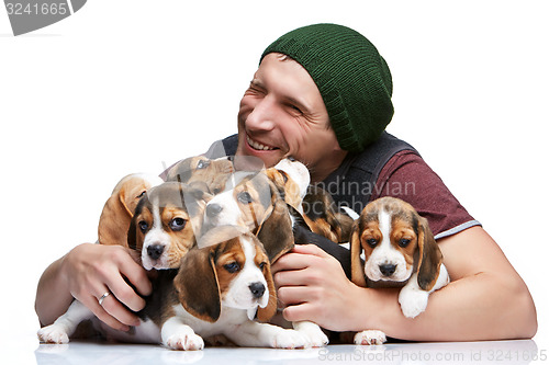 Image of The man and big group of a beagle puppies