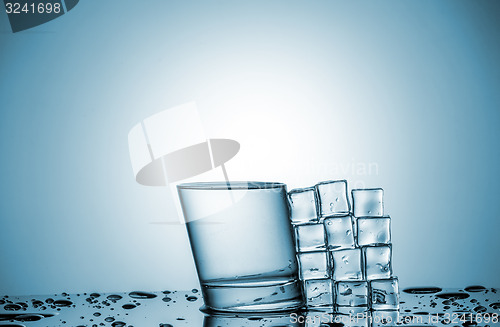Image of Water in glass and ice cubes, lying next