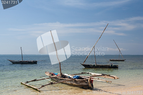 Image of Old wooden arabian dhow in the ocean 