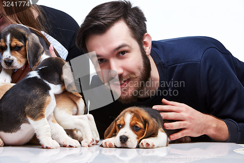 Image of The man, woman and big group of a beagle puppies