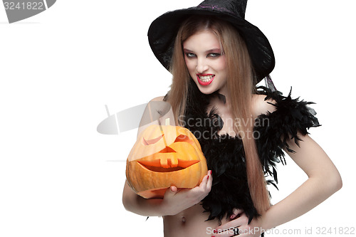 Image of Girl with Halloween pumpkin on white background