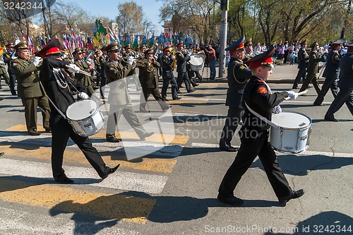 Image of Military orchestra plays on Victory Day parade