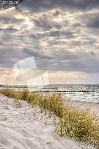 Image of Coast of Baltic Sea with dark clouds