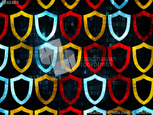 Image of Privacy concept: Contoured Shield icons on Digital background
