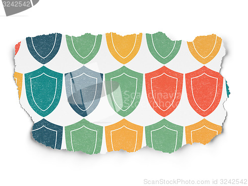 Image of Privacy concept: Shield icons on Torn Paper background