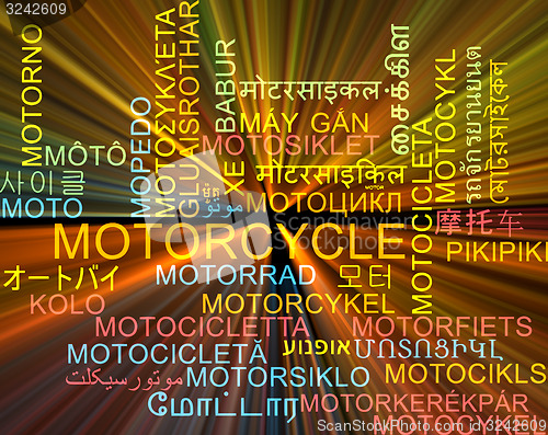 Image of Motorcycle multilanguage wordcloud background concept glowing