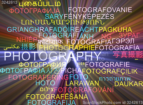 Image of Photography multilanguage wordcloud background concept glowing