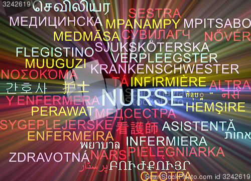 Image of Nurse multilanguage wordcloud background concept glowing