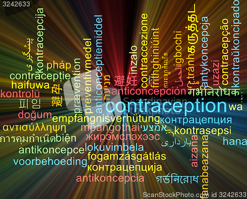 Image of Contraception multilanguage wordcloud background concept glowing